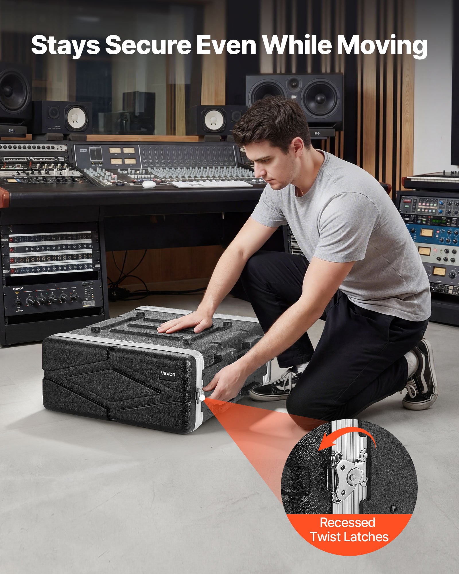 VEVOR Maleta para Rack 4U Profundidad de 480 mm, Caja de Soporte de Sonido con Construcción ABS, Cierres Empotrados, Carcasa para Audio, Cubierta Frontal y Trasera Desmontables, para Amplificador