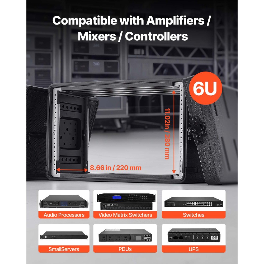 VEVOR Maleta para Rack 6U Profundidad de 260 mm, Caja de Soporte de Sonido con Compartimento para Micrófono, Carcasa para Audio, Construcción de Polietileno, Cierres Empotrados, para Amplificador