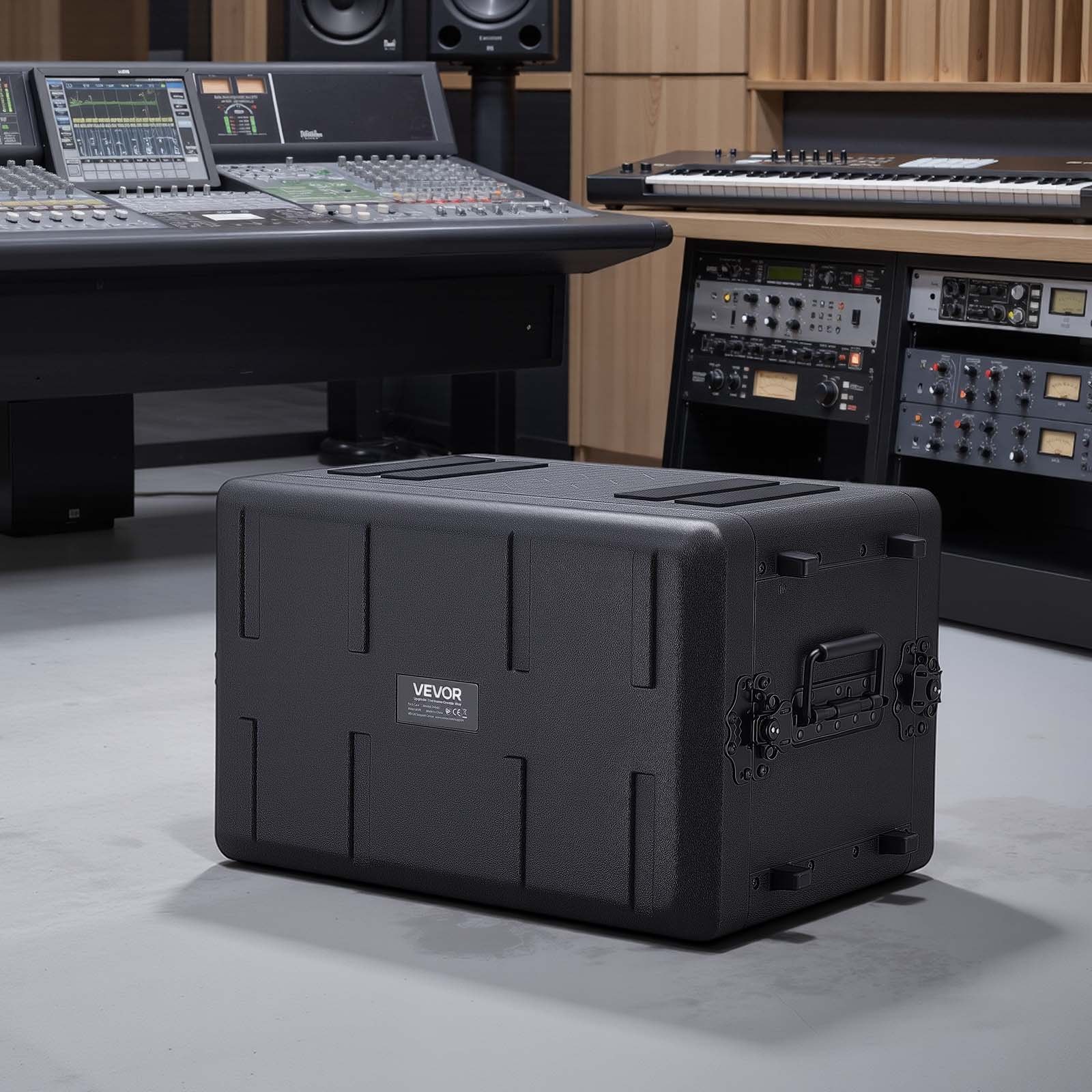 VEVOR Maleta para Rack 6U Profundidad de 260 mm, Caja de Soporte de Sonido con Compartimento para Micrófono, Carcasa para Audio, Construcción de Polietileno, Cierres Empotrados, para Amplificador