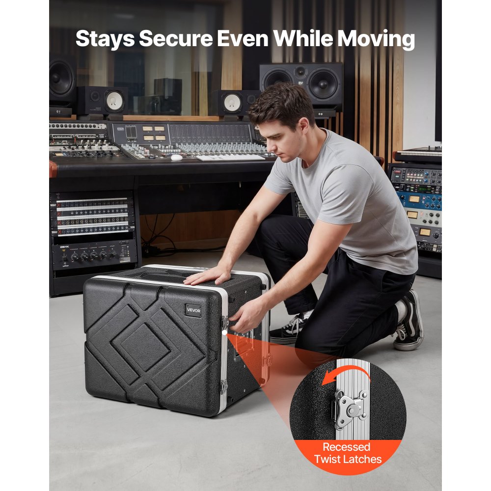 VEVOR Maleta para Rack 8U Profundidad de 310 mm, Caja de Soporte de Sonido con Construcción ABS, Cierres Empotrados, Carcasa para Audio, Cubierta Frontal y Trasera Desmontables, para Amplificador