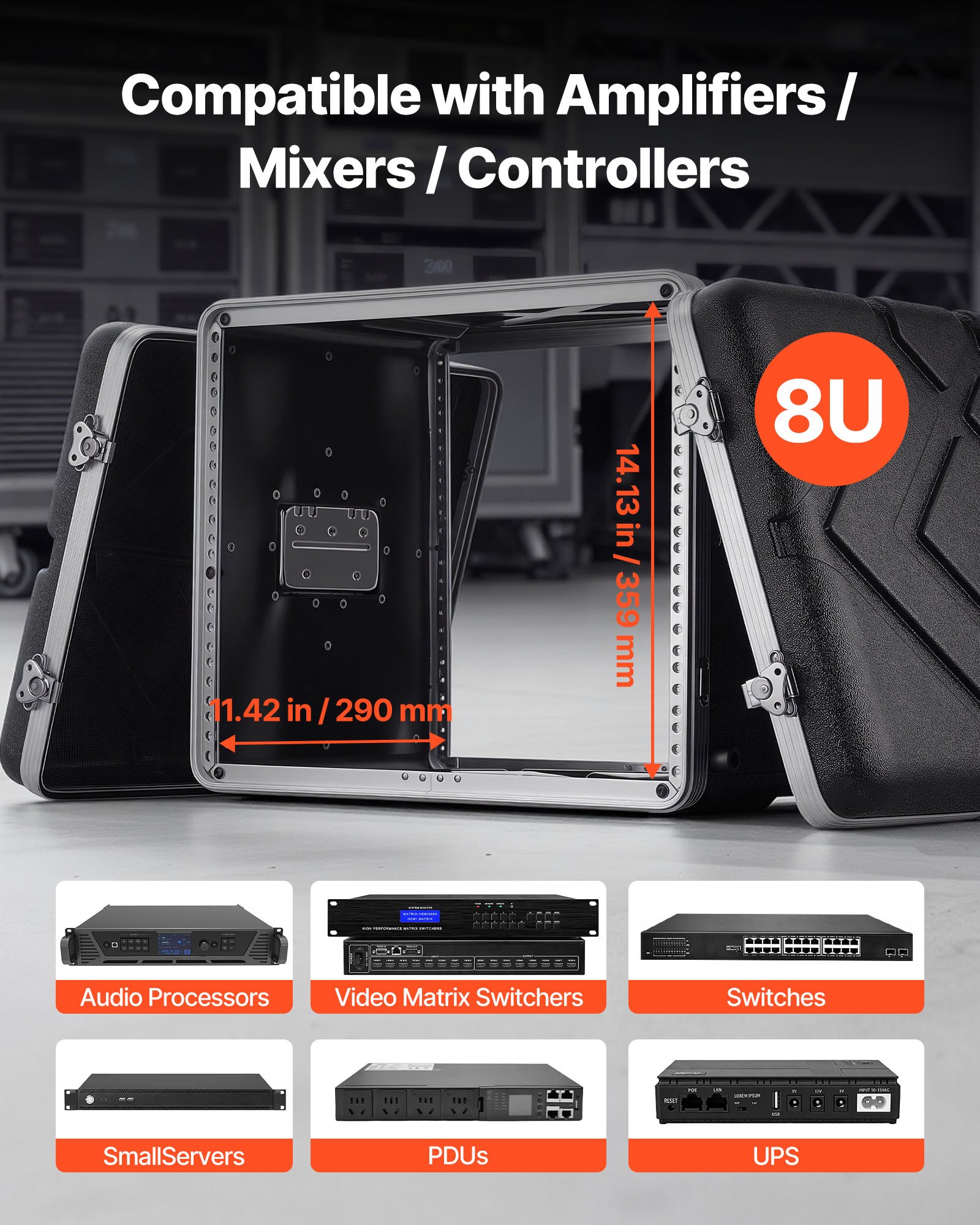 VEVOR Maleta para Rack 8U Profundidad de 310 mm, Caja de Soporte de Sonido con Construcción ABS, Cierres Empotrados, Carcasa para Audio, Cubierta Frontal y Trasera Desmontables, para Amplificador
