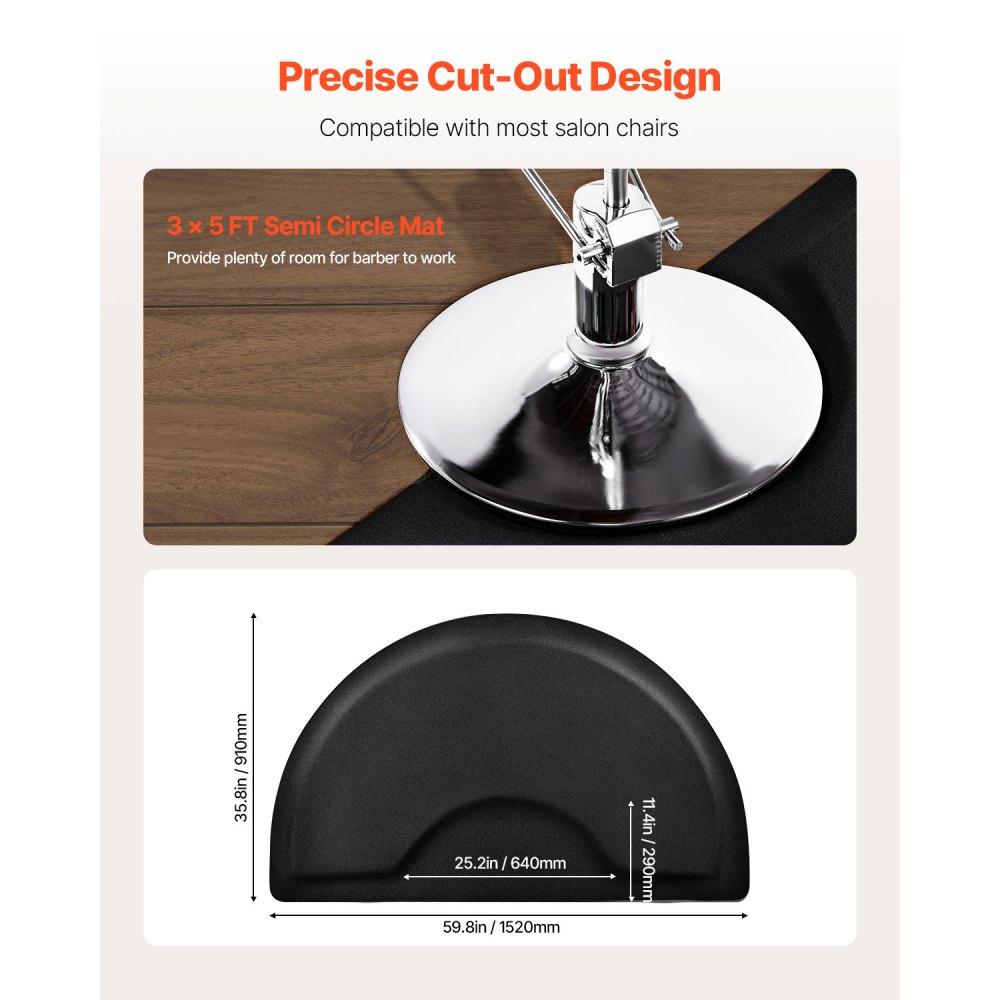 VEVOR Salon Mat for Hairdressers, 910x1520 mm, Semi-Circular Standing Mat, 13 mm Thick Anti-Fatigue Mat with Round Cutout, Easy-to-Clean PVC Surface & Beveled Edges to Prevent Tripping