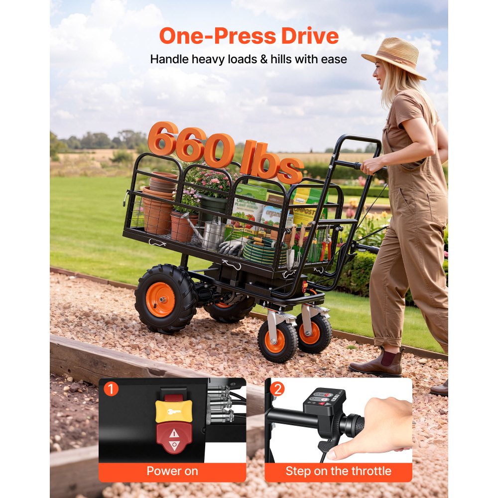 VEVOR Carro de Jardín Eléctrico 500W Capacidad de Carga 300 kg con 4 Ruedas, Carretilla Eléctrica Todoterreno con Freno, Mango Flexible, Barandillas Ajustables, Estructura de Acero, para Patio Campo