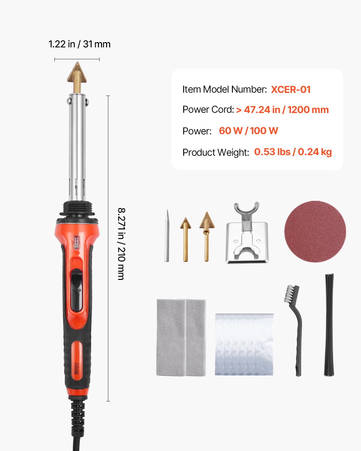 VEVOR Kit de Soldador de Plástico de Doble Potencia de 60 W/100 W con 3 Puntas de Soldadura y 20 Varillas de Soldadura, para Parachoques de Automóviles, Dispositivos Electrónicos, 210 x 31 x 34 mm
