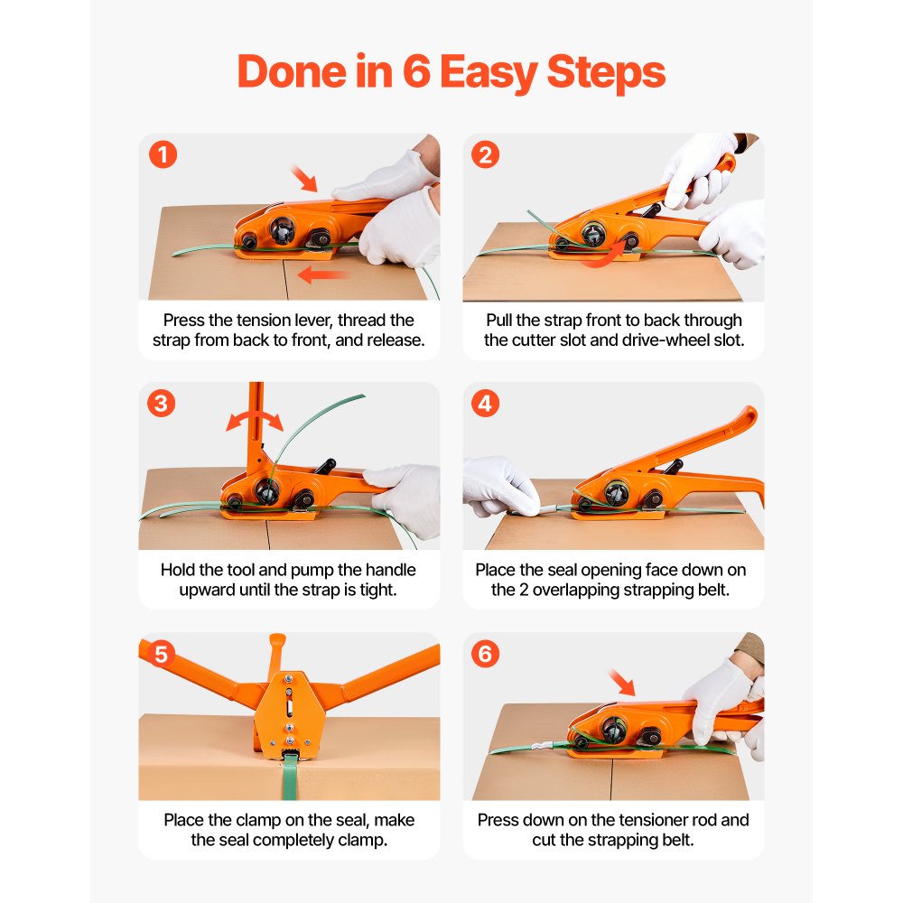VEVOR Juego de Flejado Manual con Fleje de PET de 304,8 m y 300 Precintos Metálicos, Herramienta de Flejado para Embalaje, Kit Completo para Almacén, Mercado, Garaje, Envío, Mudanza, Hogar, Naranja