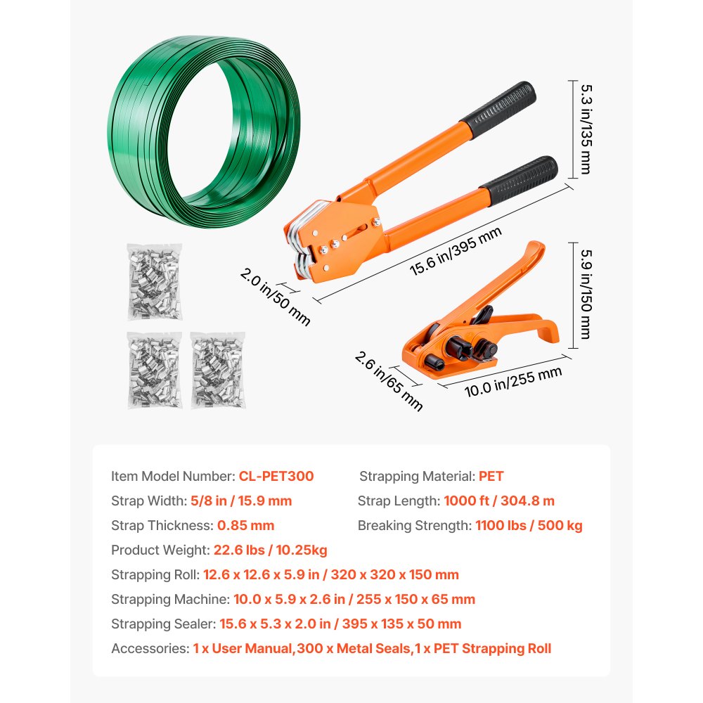 VEVOR Juego de Flejado Manual con Fleje de PET de 304,8 m y 300 Precintos Metálicos, Herramienta de Flejado para Embalaje, Kit Completo para Almacén, Mercado, Garaje, Envío, Mudanza, Hogar, Naranja