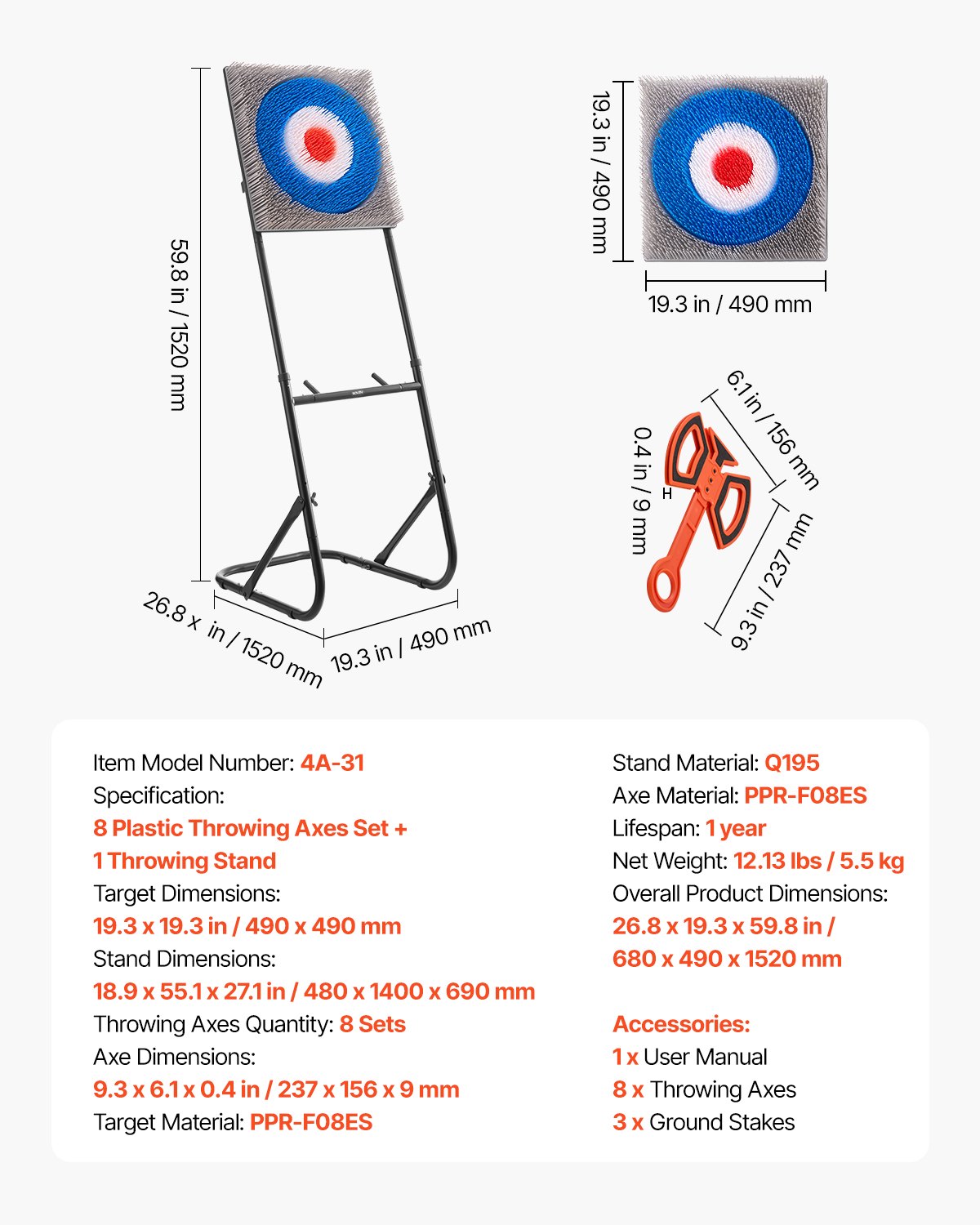 VEVOR Ax Throwing Game Set, Plastic Bristle Target with 8 Throwing Axes & Foldable Steel Frame, Easy to Store, Game for Outdoor / Indoor Backyard and Carnival Games 48 x 140 x 69 cm
