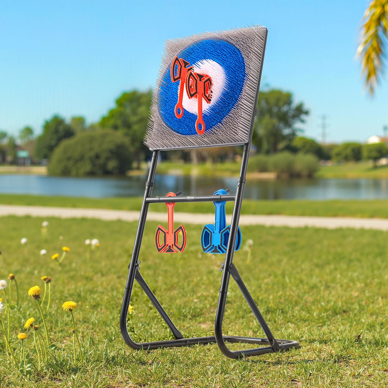 VEVOR Ax Throwing Game Set, Plastic Bristle Target with 8 Throwing Axes & Foldable Steel Frame, Easy to Store, Game for Outdoor / Indoor Backyard and Carnival Games 48 x 140 x 69 cm