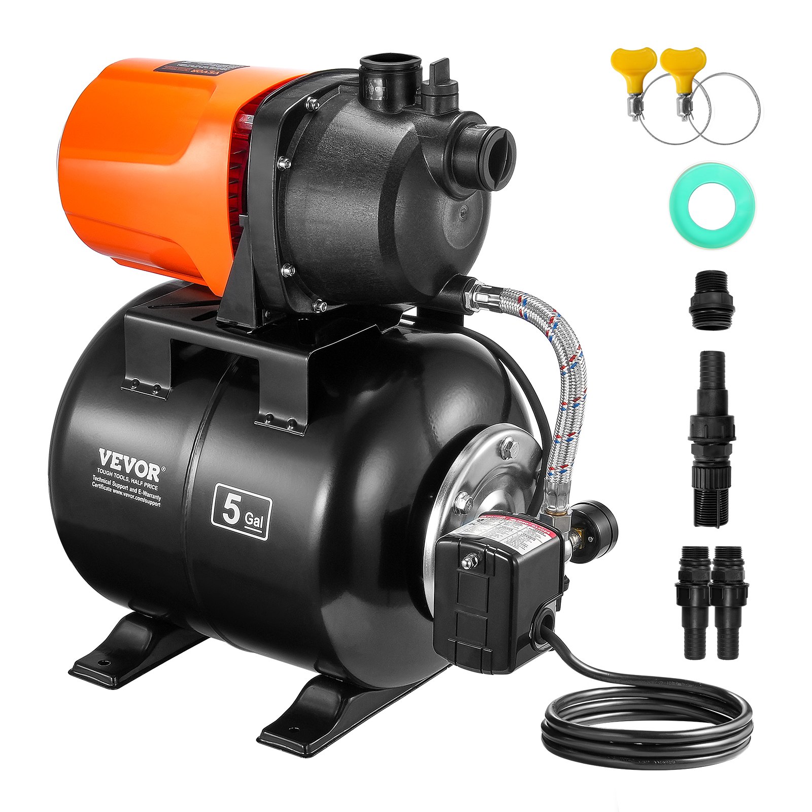Bomba para pozos poco profundos VEVOR de 1 HP con tanque de presión, 1000 GPH/3700 L/H, bomba de refuerzo de agua de riego automática con elevación de 164 pies, interruptor de presión de 20/40 PSI, cabezal de bomba termoplástico para césped de jardín doméstico