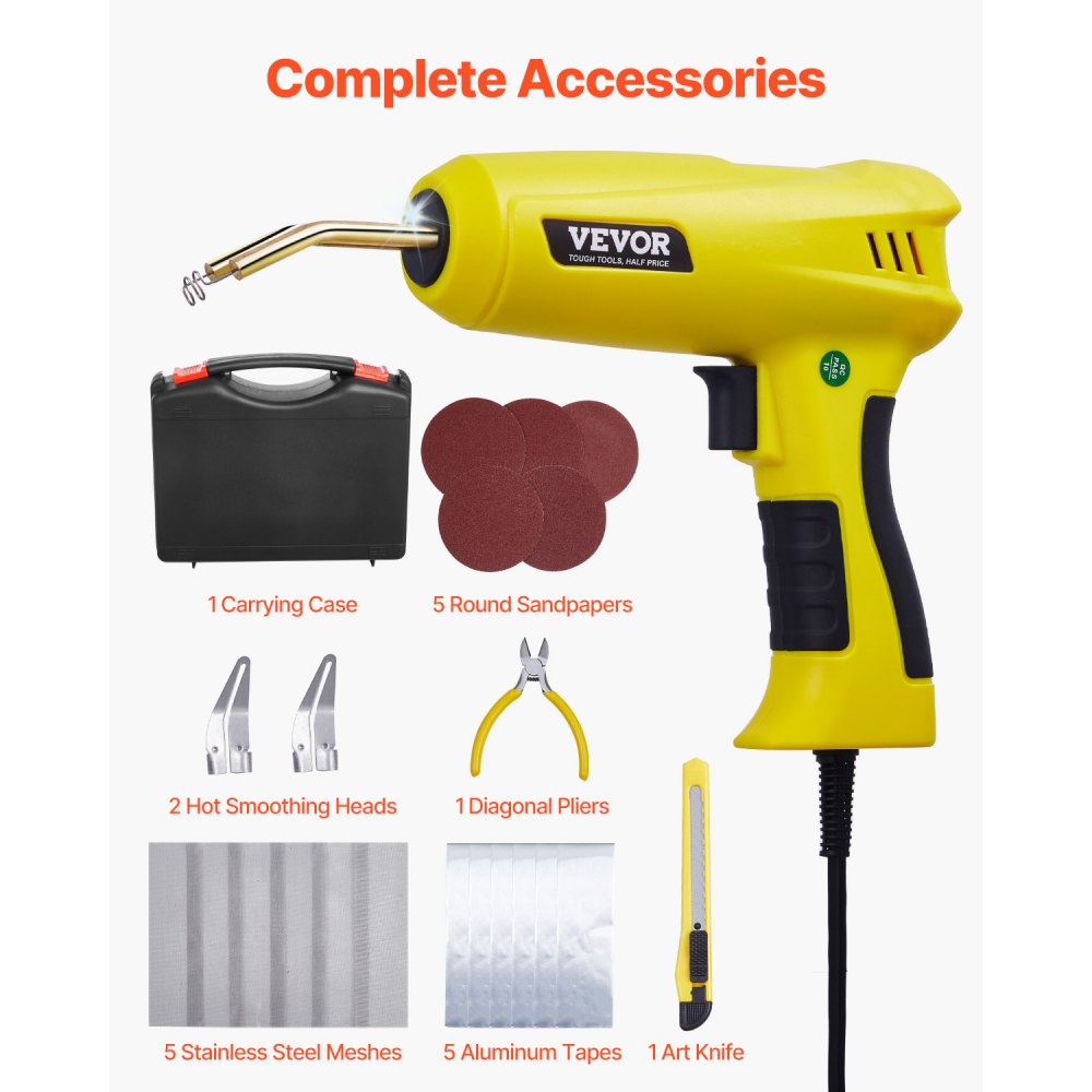 VEVOR Kit de Soldadura de Plástico 220 W con 800 Grapas Calientes y 56 Varillas de Soldadura, con Luz LED, Estuche de Transporte para Juguetes, Reparación de Parachoques Automóviles, 230 x 168 x 56 mm