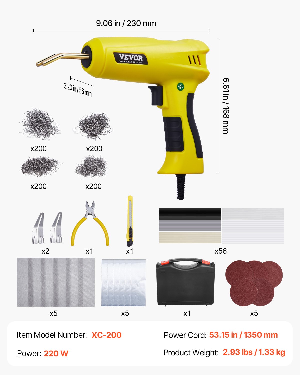 VEVOR Kit de Soldadura de Plástico 220 W con 800 Grapas Calientes y 56 Varillas de Soldadura, con Luz LED, Estuche de Transporte para Juguetes, Reparación de Parachoques Automóviles, 230 x 168 x 56 mm
