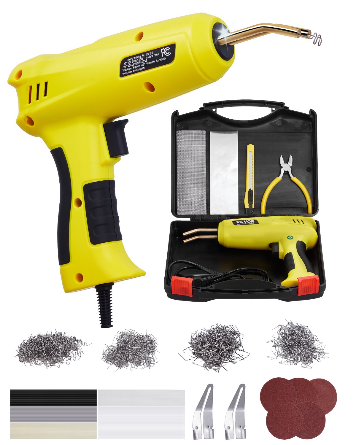 VEVOR Kit de Soldadura de Plástico 220 W con 800 Grapas Calientes y 56 Varillas de Soldadura, con Luz LED, Estuche de Transporte para Juguetes, Reparación de Parachoques Automóviles, 230 x 168 x 56 mm