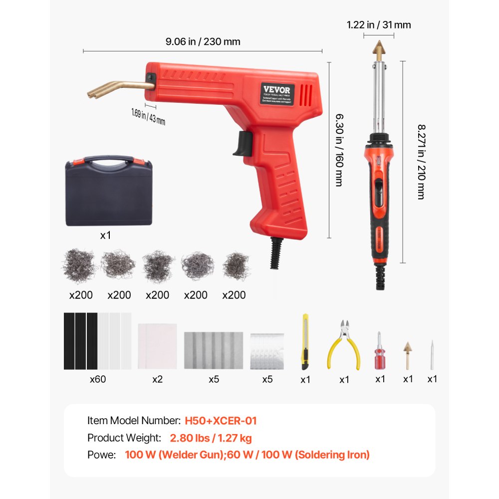 VEVOR Kit de Soldador de Plástico, Pistola de Soldadura de Plástico de 100 W Soldador de 60 W/100 W, con 1000 Piezas de Grapas Calientes y 60 Varillas para Parachoques de Automóvil, 230 x 160 x 43 mm