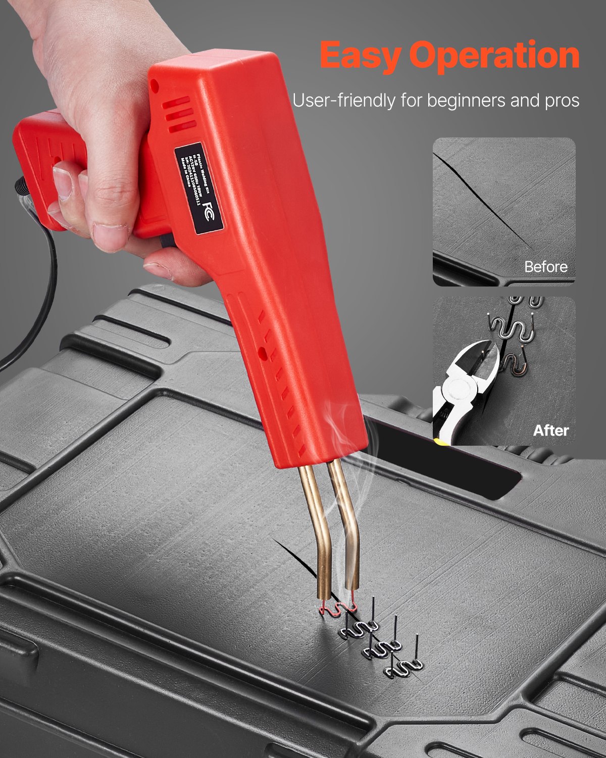 VEVOR Kit de Soldador de Plástico, Pistola de Soldadura de Plástico de 100 W Soldador de 60 W/100 W, con 1000 Piezas de Grapas Calientes y 60 Varillas para Parachoques de Automóvil, 230 x 160 x 43 mm