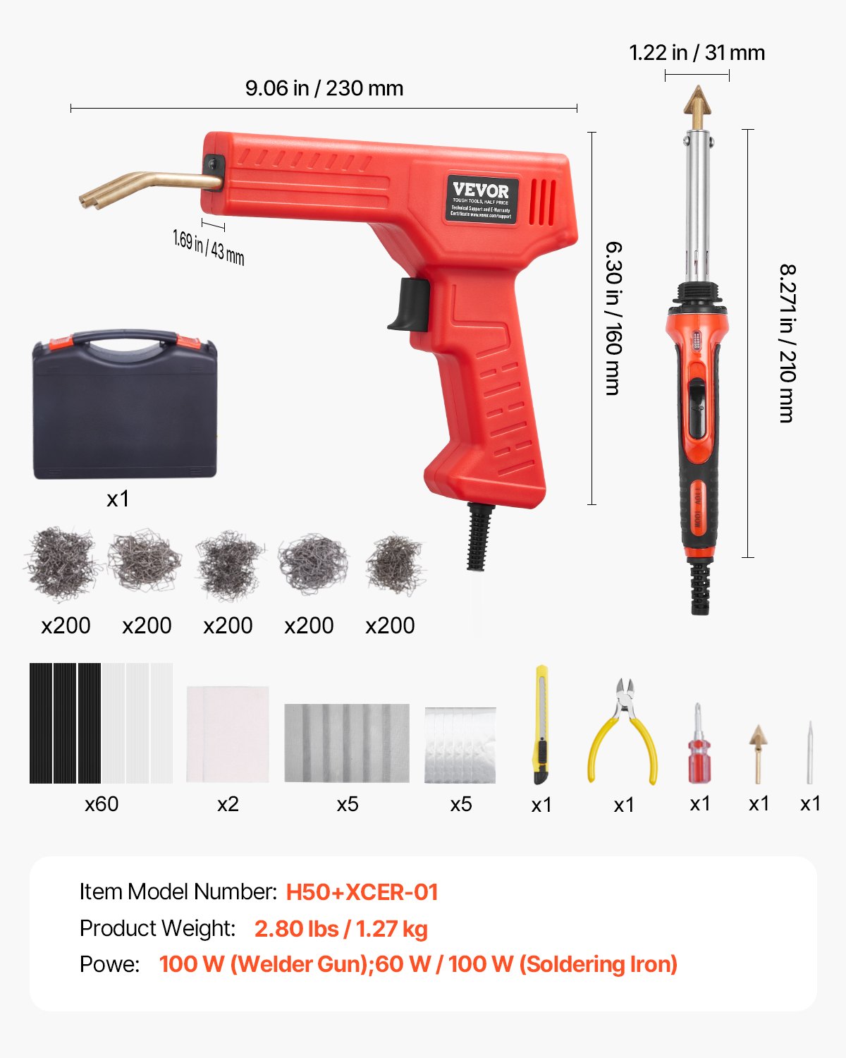 VEVOR Kit de Soldador de Plástico, Pistola de Soldadura de Plástico de 100 W Soldador de 60 W/100 W, con 1000 Piezas de Grapas Calientes y 60 Varillas para Parachoques de Automóvil, 230 x 160 x 43 mm