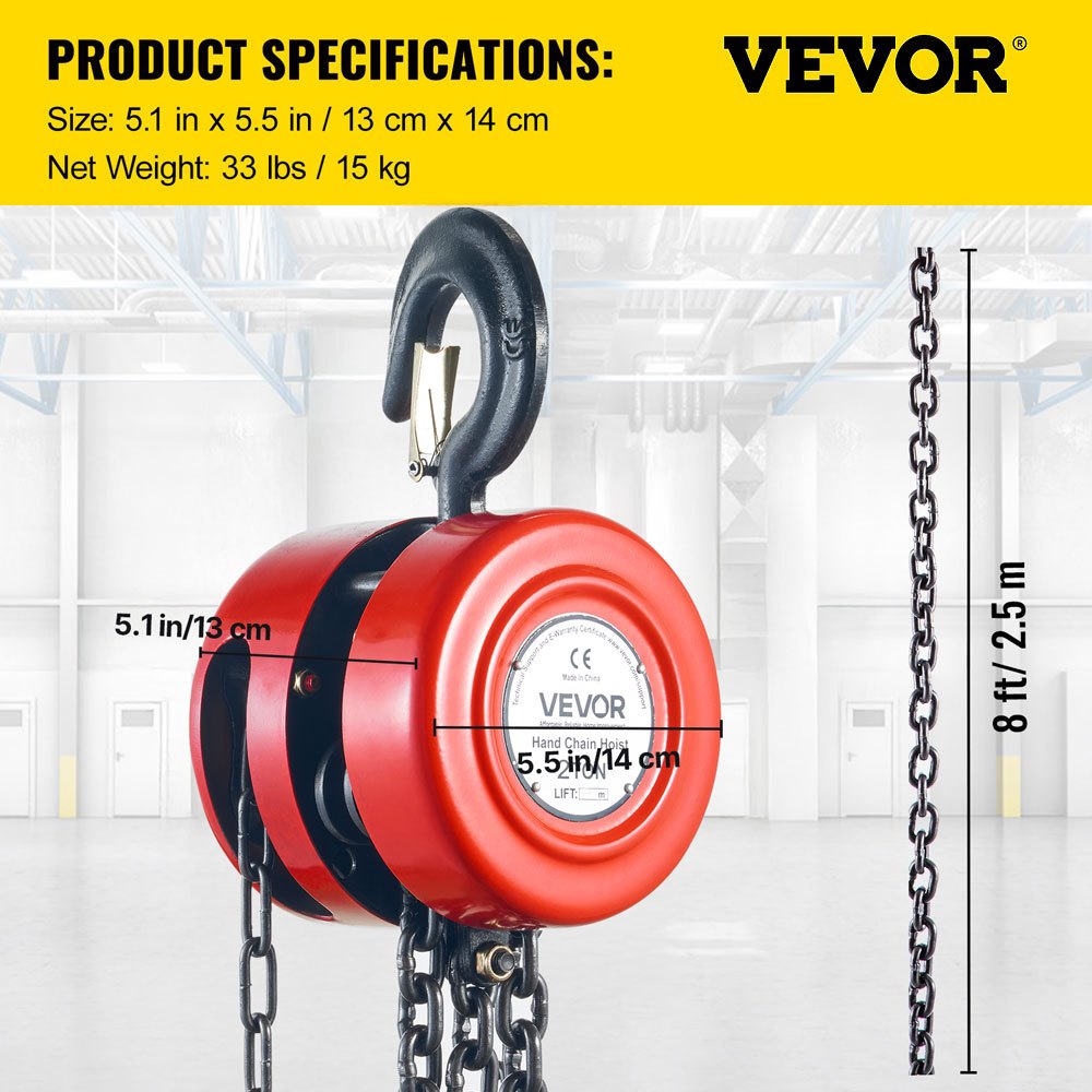VEVOR 2 Ton Polipasto Manual de Cadena 4400lbs Elevación del Polipasto 2,5m Rojo