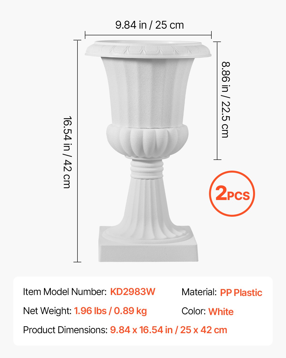 VEVOR Maceta de Urna de Plástico, 25 x 42 cm, 2 Piezas, Maceta Clásica para Interiores, Exteriores, Bodas, Fiestas, Eventos, Escenarios, Entradas, Pasillos, Jardines, Balcones, y Patios, Blanco