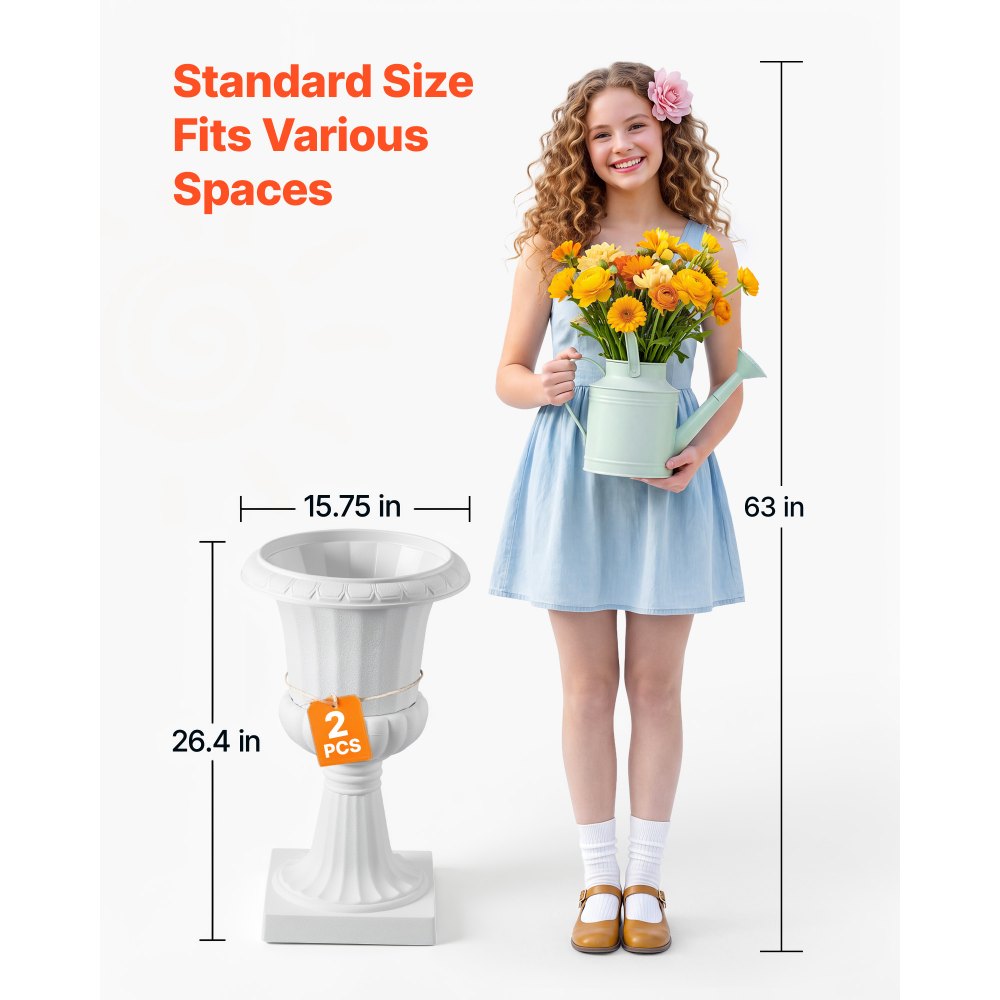 VEVOR Maceta de Urna de Plástico, 40 x 67 cm, 2 Piezas, Maceta Clásica para Interiores, Exteriores, Bodas, Fiestas, Eventos, Escenarios, Entradas, Pasillos, Jardines, Balcones, y Patios, Blanco