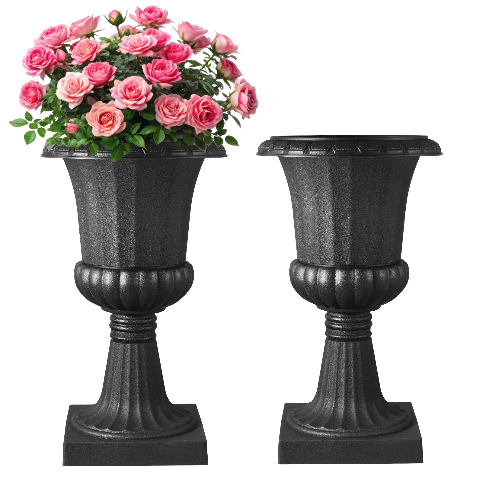 VEVOR Plastic Urn Planters, 40 x 67 cm, 2 Pack Black Classic Flower Pots Front Porch Planters, Indoor & Outdoor Vase for Wedding, Party, Event, Home, Stage, Garden, Balcony, Patio Decoration