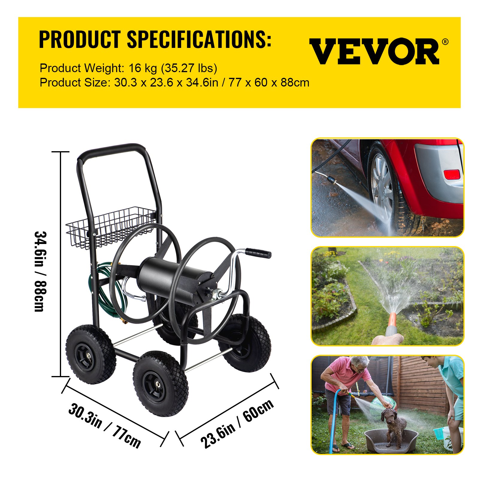 VEVOR Carro Portamangueras Acero Capacidad 91m de Manguera de 1,6cm con Ruedas