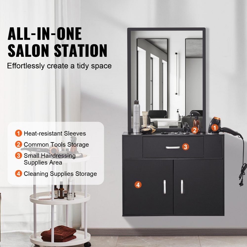 VEVOR Estación Negra de Salón de Montaje en Pared, Juego de Estación de Estilista  con 3 mangas, un Espejo, un Gabinete de Doble Puerta y un Cajón, Equipo de Salón para Spa, Barbería, Hogar y Baño