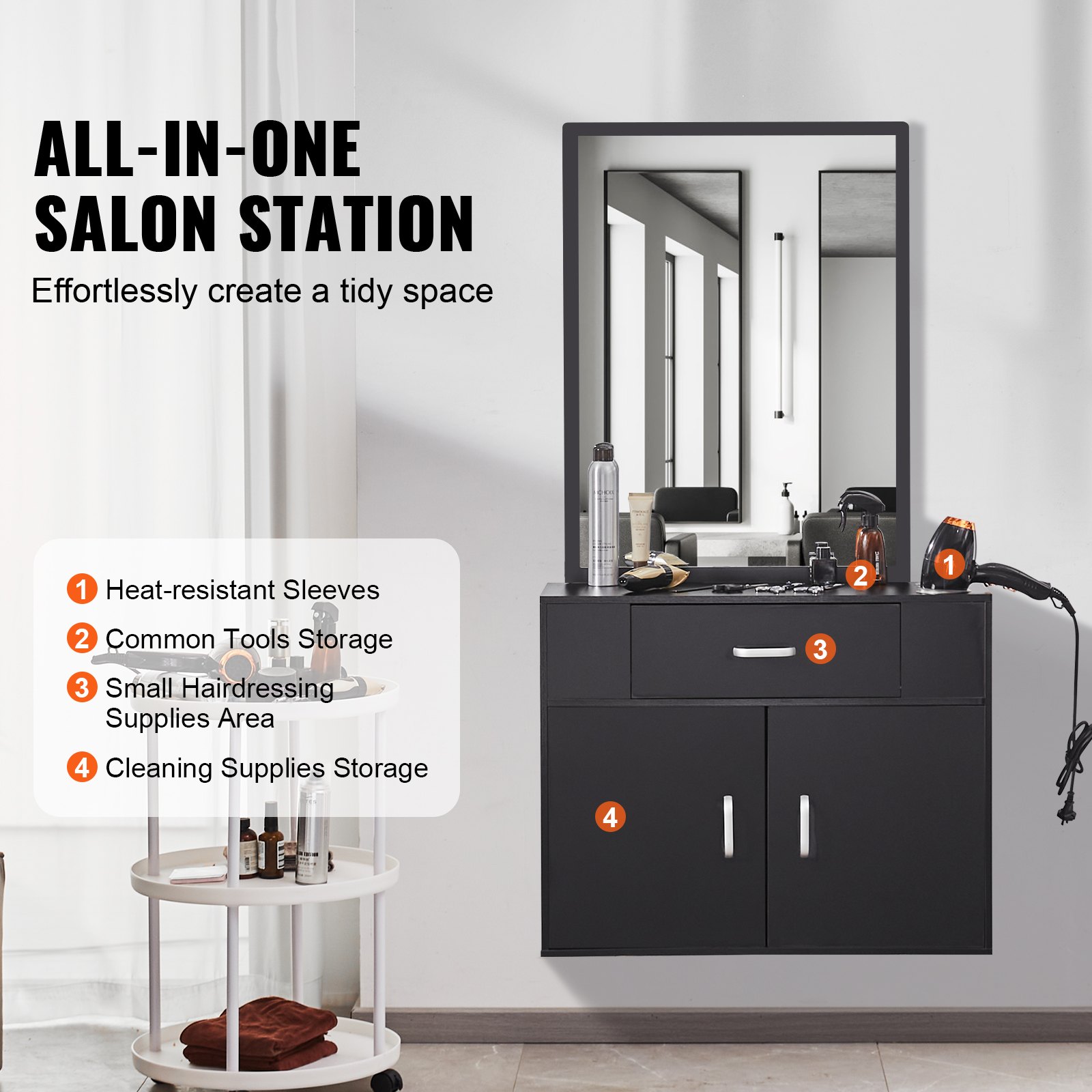 VEVOR Estación Negra de Salón de Montaje en Pared, Juego de Estación de Estilista  con 3 mangas, un Espejo, un Gabinete de Doble Puerta y un Cajón, Equipo de Salón para Spa, Barbería, Hogar y Baño