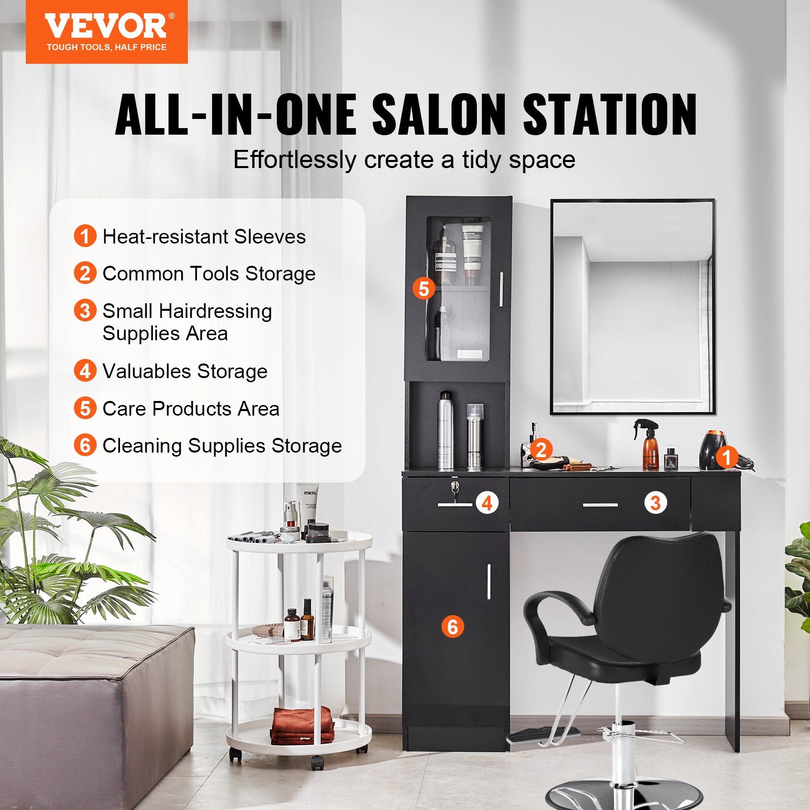 VEVOR Estación Negra de Salón de Montaje en Pared para Estilista Juego de Muebles de Spa de Belleza 1 Gabinete de Almacenamiento 3 Cubículos y 2 Cajones 1 con Cerradura, para Salón, Spa, Peluquería