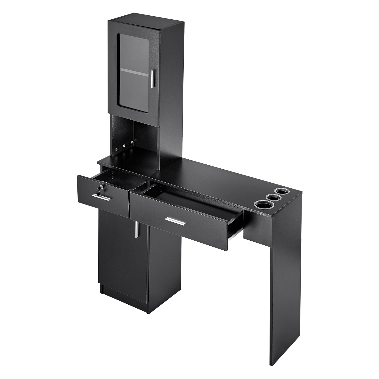 VEVOR Estación Negra de Salón de Montaje en Pared para Estilista Juego de Muebles de Spa de Belleza 1 Gabinete de Almacenamiento 3 Cubículos y 2 Cajones 1 con Cerradura, para Salón, Spa, Peluquería