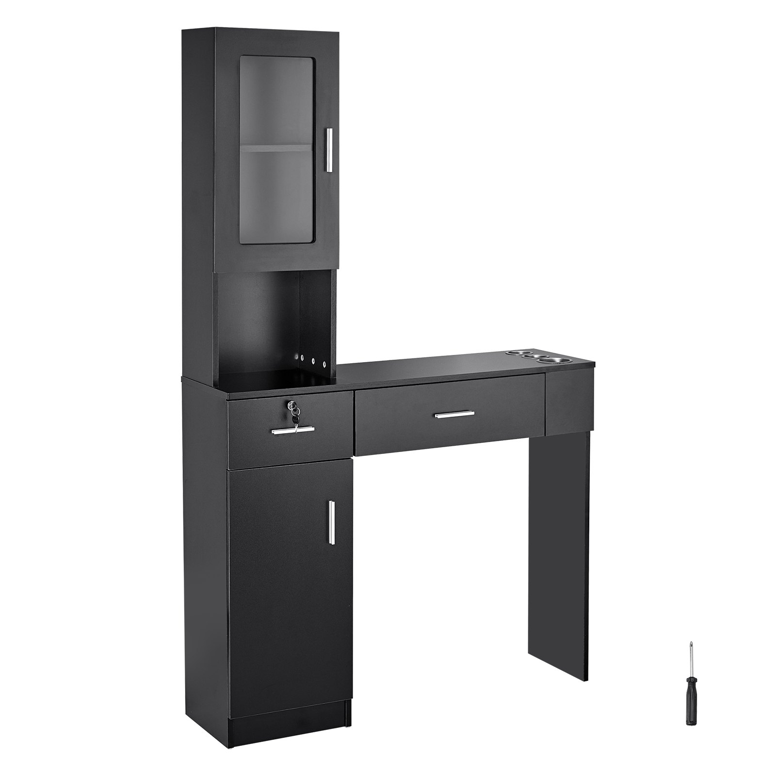 VEVOR Estación Negra de Salón de Montaje en Pared para Estilista Juego de Muebles de Spa de Belleza 1 Gabinete de Almacenamiento 3 Cubículos y 2 Cajones 1 con Cerradura, para Salón, Spa, Peluquería
