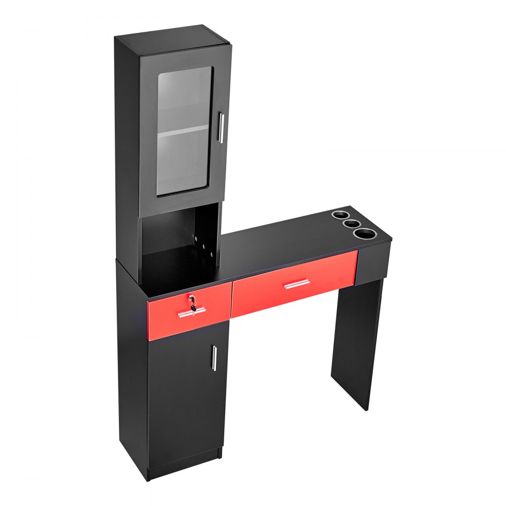 VEVOR Estación Negra y Roja de Salón de Montaje en Pared para Estilista Juego de Muebles de Spa de Belleza 1 Gabinete de Almacenamiento 3 Cubículos y 2 Cajones 1 con Cerradura, para Spa, Peluquería