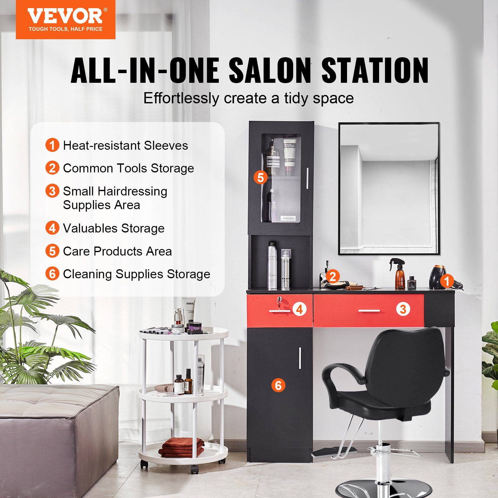 VEVOR Estación Negra y Roja de Salón de Montaje en Pared para Estilista Juego de Muebles de Spa de Belleza 1 Gabinete de Almacenamiento 3 Cubículos y 2 Cajones 1 con Cerradura, para Spa, Peluquería