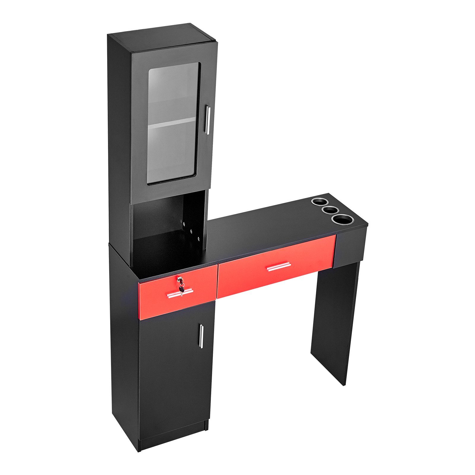 VEVOR Estación Negra y Roja de Salón de Montaje en Pared para Estilista Juego de Muebles de Spa de Belleza 1 Gabinete de Almacenamiento 3 Cubículos y 2 Cajones 1 con Cerradura, para Spa, Peluquería