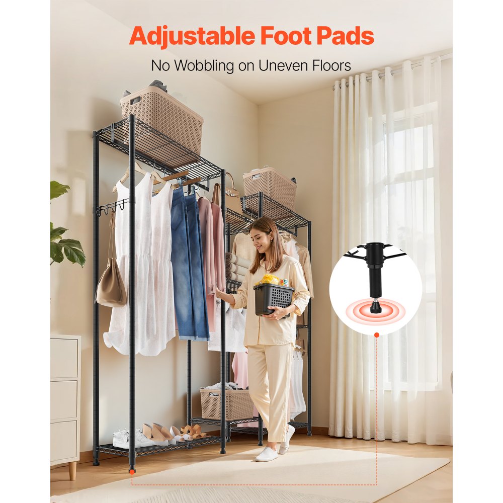 VEVOR Perchero Ajustable, con 4 Barras y Capacidad de Carga de 385,5 kg, 7 Estantes y 8 Ganchos, Ideal para Dormitorio, Tienda de Ropa, Guardarropa y Pasillo, Color Negro, 186,95 x 38 x 192 cm