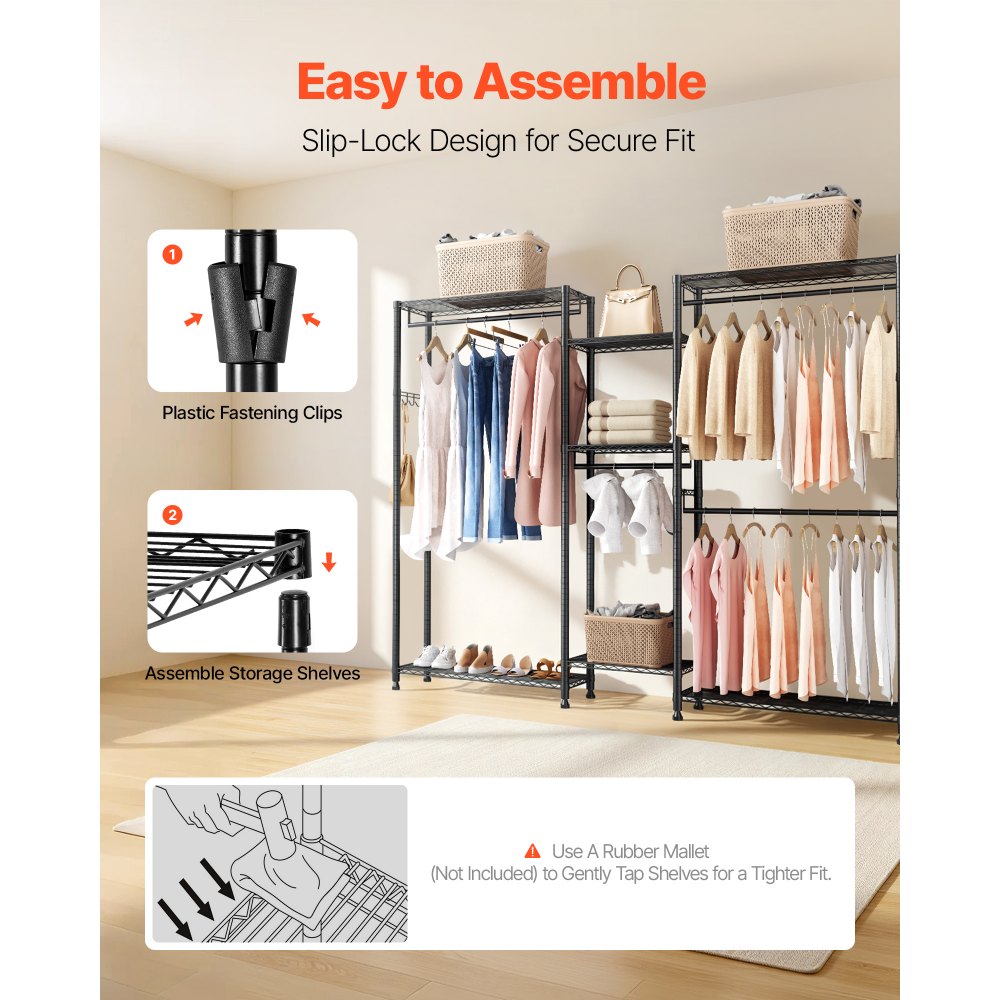 VEVOR Perchero Ajustable, con 4 Barras y Capacidad de Carga de 385,5 kg, 7 Estantes y 8 Ganchos, Ideal para Dormitorio, Tienda de Ropa, Guardarropa y Pasillo, Color Negro, 186,95 x 38 x 192 cm