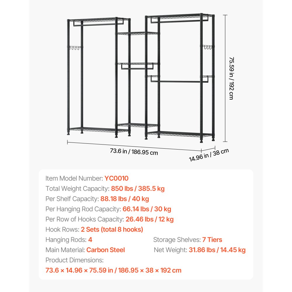 VEVOR Perchero Ajustable, con 4 Barras y Capacidad de Carga de 385,5 kg, 7 Estantes y 8 Ganchos, Ideal para Dormitorio, Tienda de Ropa, Guardarropa y Pasillo, Color Negro, 186,95 x 38 x 192 cm