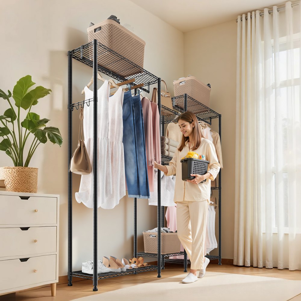 VEVOR Perchero Ajustable, con 4 Barras y Capacidad de Carga de 385,5 kg, 7 Estantes y 8 Ganchos, Ideal para Dormitorio, Tienda de Ropa, Guardarropa y Pasillo, Color Negro, 186,95 x 38 x 192 cm