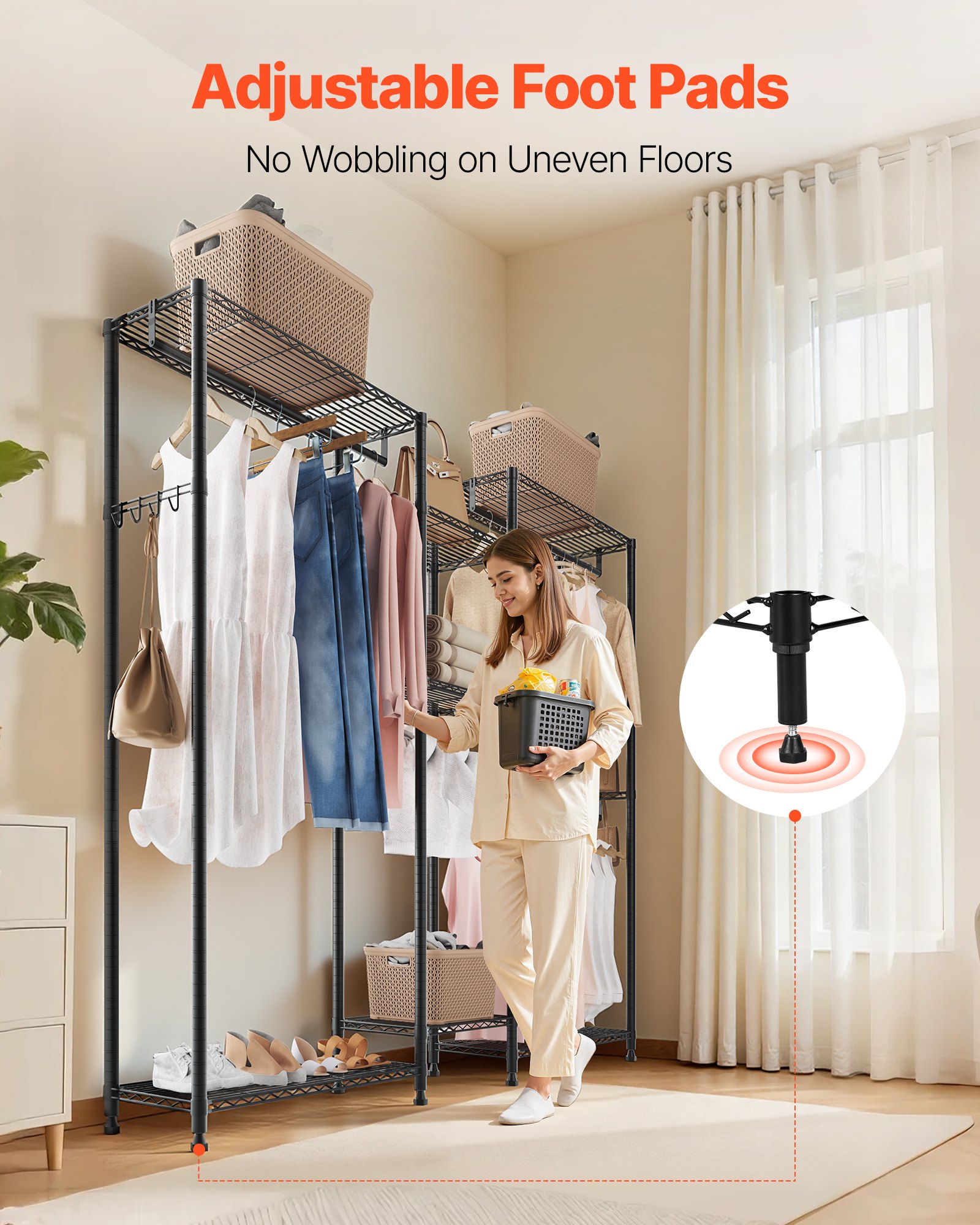 VEVOR Perchero Ajustable, con 4 Barras y Capacidad de Carga de 385,5 kg, 7 Estantes y 8 Ganchos, Ideal para Dormitorio, Tienda de Ropa, Guardarropa y Pasillo, Color Negro, 186,95 x 38 x 192 cm