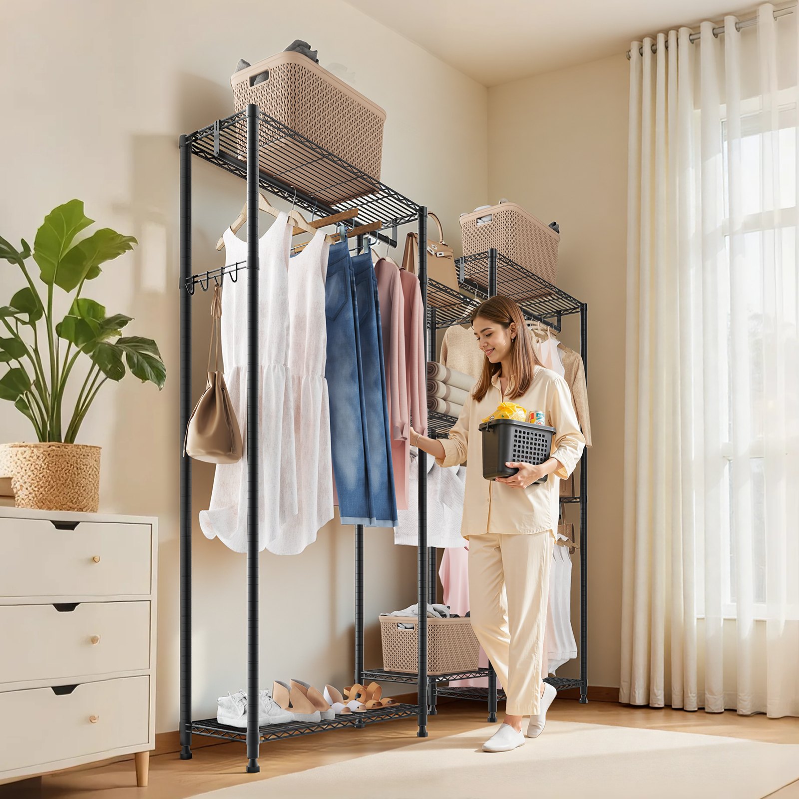 VEVOR Perchero Ajustable, con 4 Barras y Capacidad de Carga de 385,5 kg, 7 Estantes y 8 Ganchos, Ideal para Dormitorio, Tienda de Ropa, Guardarropa y Pasillo, Color Negro, 186,95 x 38 x 192 cm