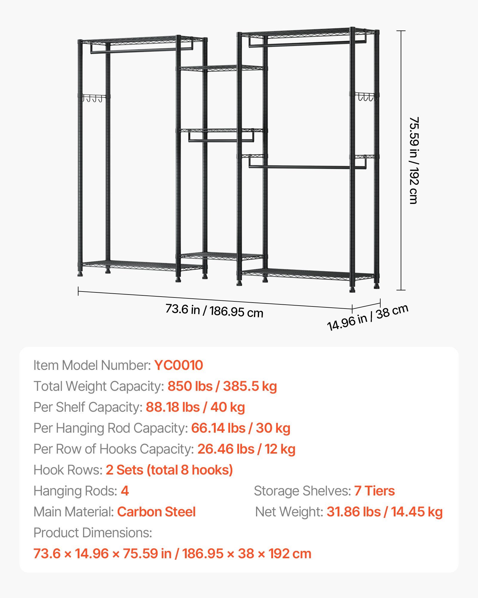 VEVOR Perchero Ajustable, con 4 Barras y Capacidad de Carga de 385,5 kg, 7 Estantes y 8 Ganchos, Ideal para Dormitorio, Tienda de Ropa, Guardarropa y Pasillo, Color Negro, 186,95 x 38 x 192 cm