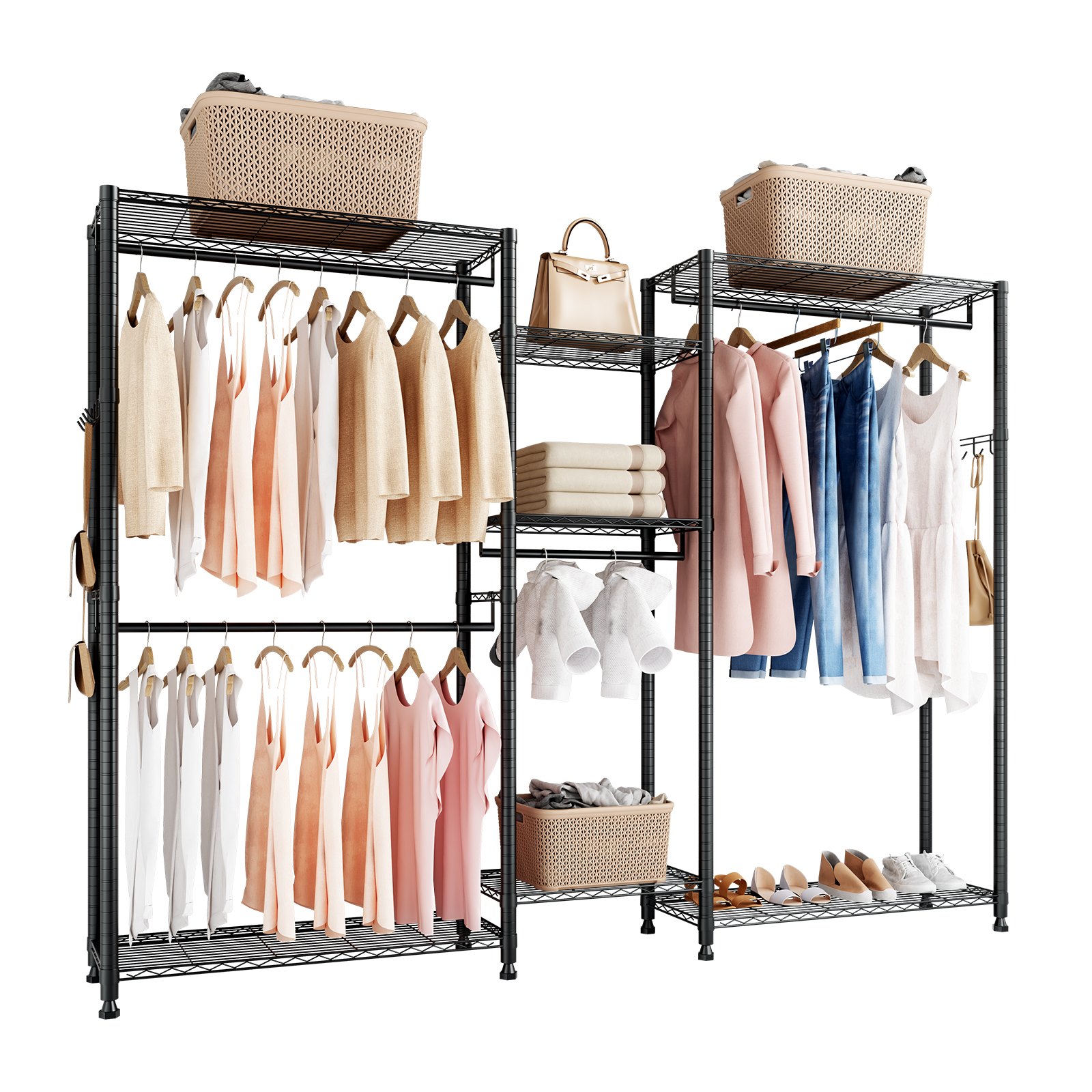 VEVOR Perchero Ajustable, con 4 Barras y Capacidad de Carga de 385,5 kg, 7 Estantes y 8 Ganchos, Ideal para Dormitorio, Tienda de Ropa, Guardarropa y Pasillo, Color Negro, 186,95 x 38 x 192 cm
