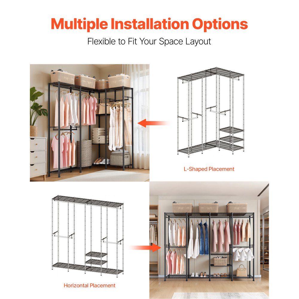 VEVOR Clothing Garment Rack, Heavy Duty Closet Wardrobe, Adjustable Tiers Clothes Racks with Steel Frame, 499 kg Load Capacity Clothes Rack with 4 Hanging Rods for Bedroom, Clothing Store, Hallway