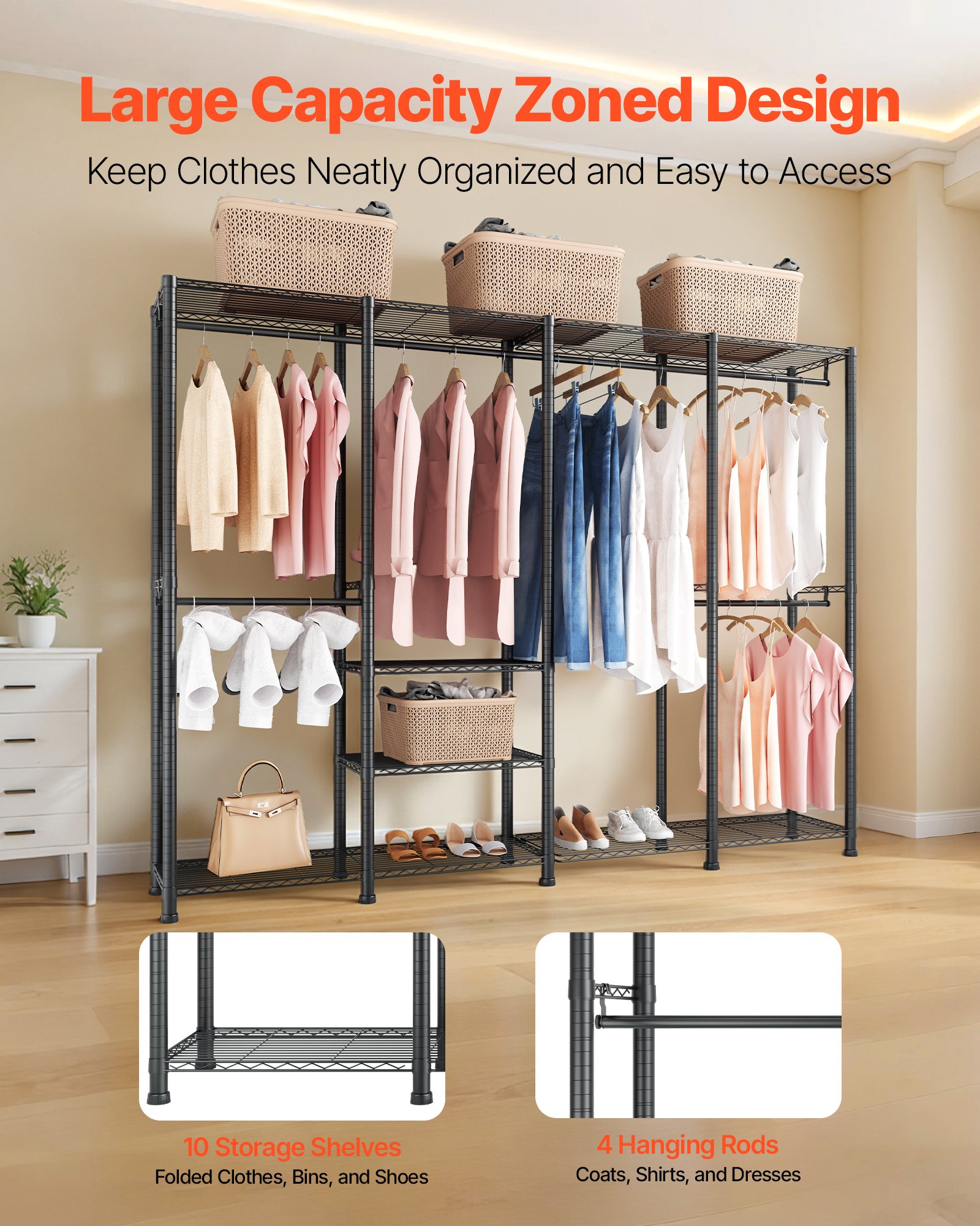 VEVOR Clothing Garment Rack, Heavy Duty Closet Wardrobe, Adjustable Tiers Clothes Racks with Steel Frame, 499 kg Load Capacity Clothes Rack with 4 Hanging Rods for Bedroom, Clothing Store, Hallway