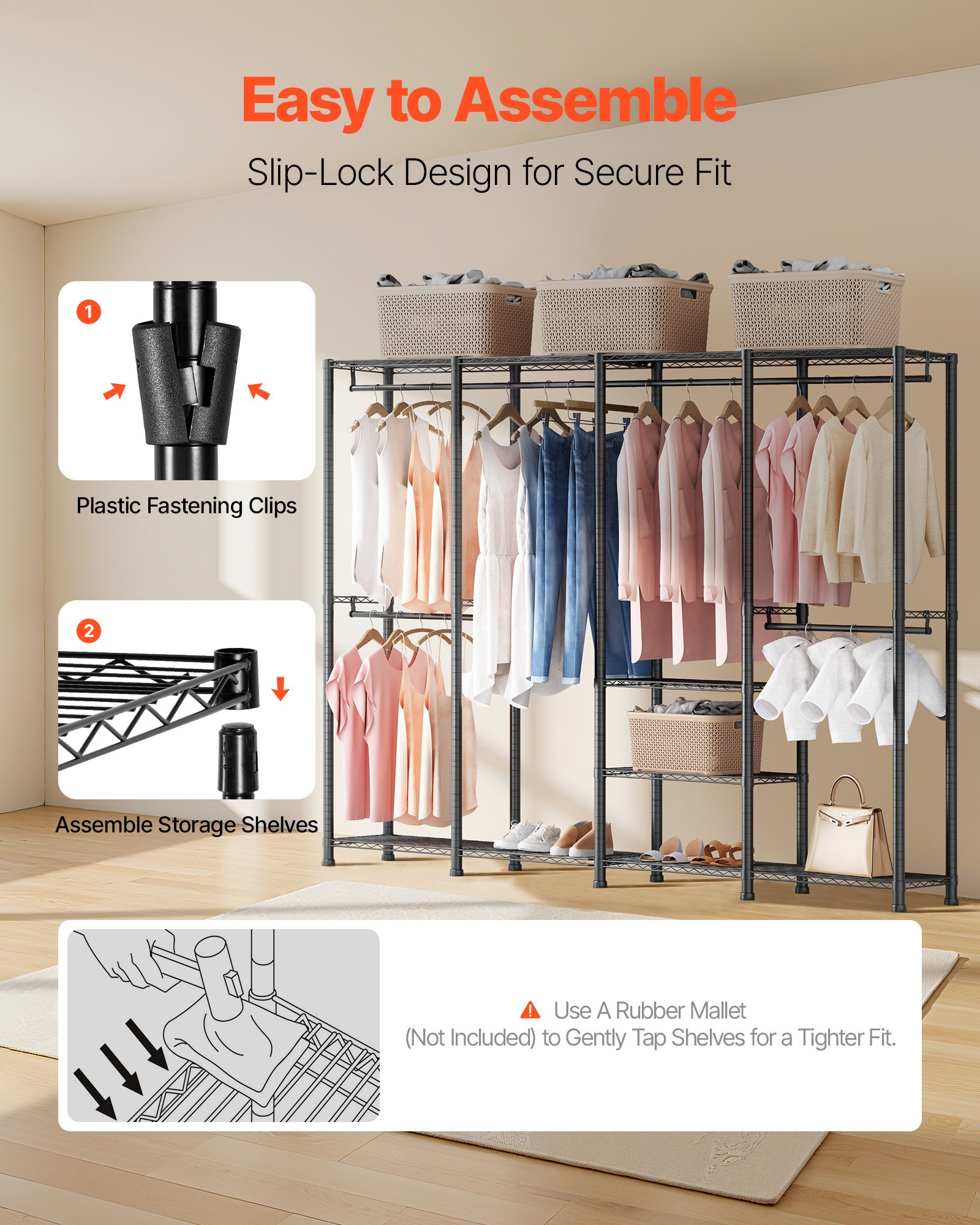 VEVOR Clothing Garment Rack, Heavy Duty Closet Wardrobe, Adjustable Tiers Clothes Racks with Steel Frame, 499 kg Load Capacity Clothes Rack with 4 Hanging Rods for Bedroom, Clothing Store, Hallway