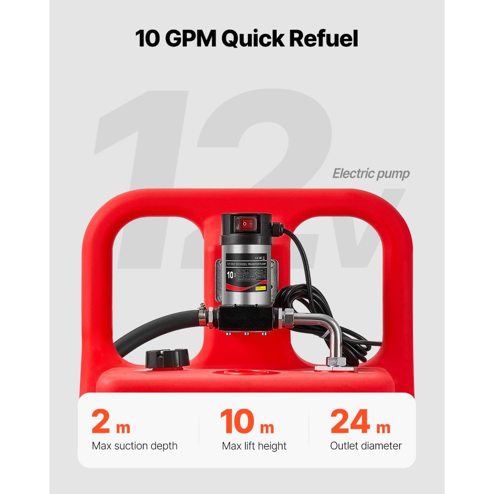 VEVOR Tanque de Combustible Portátil 121 L con Bomba de Transferencia de Combustible Eléctrica de 10 GPM, Manguera de 3,96 m, Boquilla Autosellante, Contenedor de Combustible para Diésel, Rojo