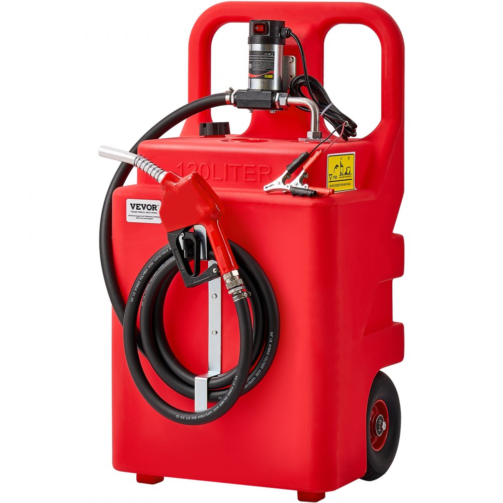 VEVOR Tanque de Combustible Portátil 121 L con Bomba de Transferencia de Combustible Eléctrica de 10 GPM, Manguera de 3,96 m, Boquilla Autosellante, Contenedor de Combustible para Diésel, Rojo