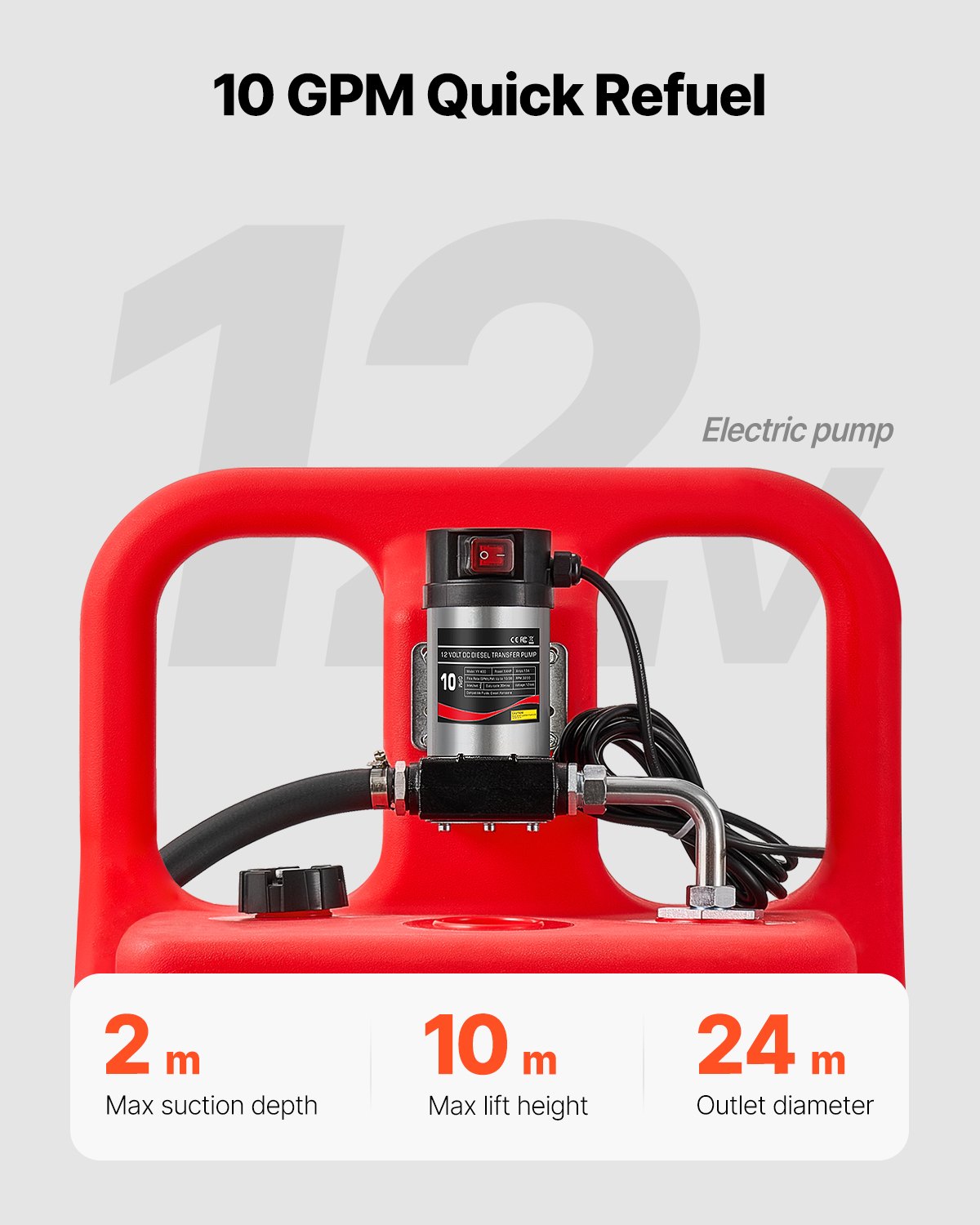 VEVOR Tanque de Combustible Portátil 121 L con Bomba de Transferencia de Combustible Eléctrica de 10 GPM, Manguera de 3,96 m, Boquilla Autosellante, Contenedor de Combustible para Diésel, Rojo