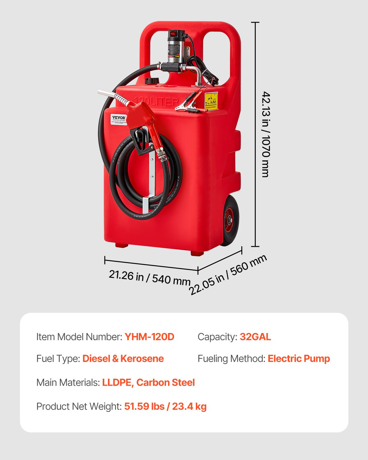VEVOR Tanque de Combustible Portátil 121 L con Bomba de Transferencia de Combustible Eléctrica de 10 GPM, Manguera de 3,96 m, Boquilla Autosellante, Contenedor de Combustible para Diésel, Rojo