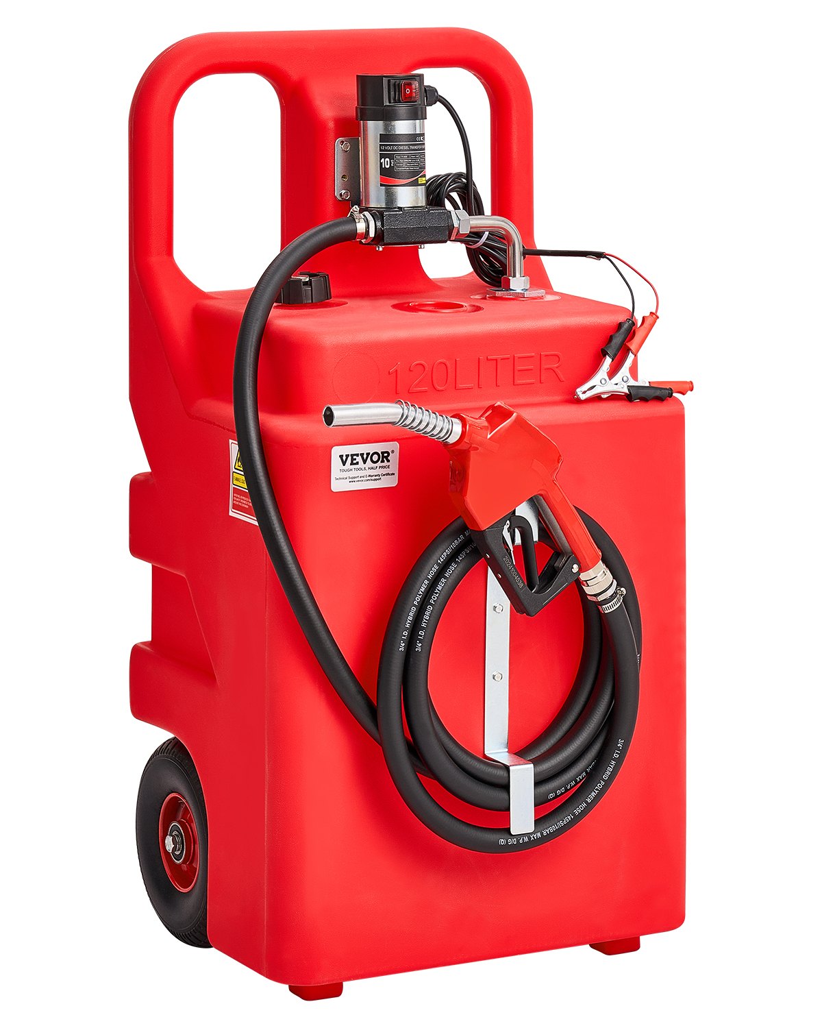 VEVOR Tanque de Combustible Portátil 121 L con Bomba de Transferencia de Combustible Eléctrica de 10 GPM, Manguera de 3,96 m, Boquilla Autosellante, Contenedor de Combustible para Diésel, Rojo