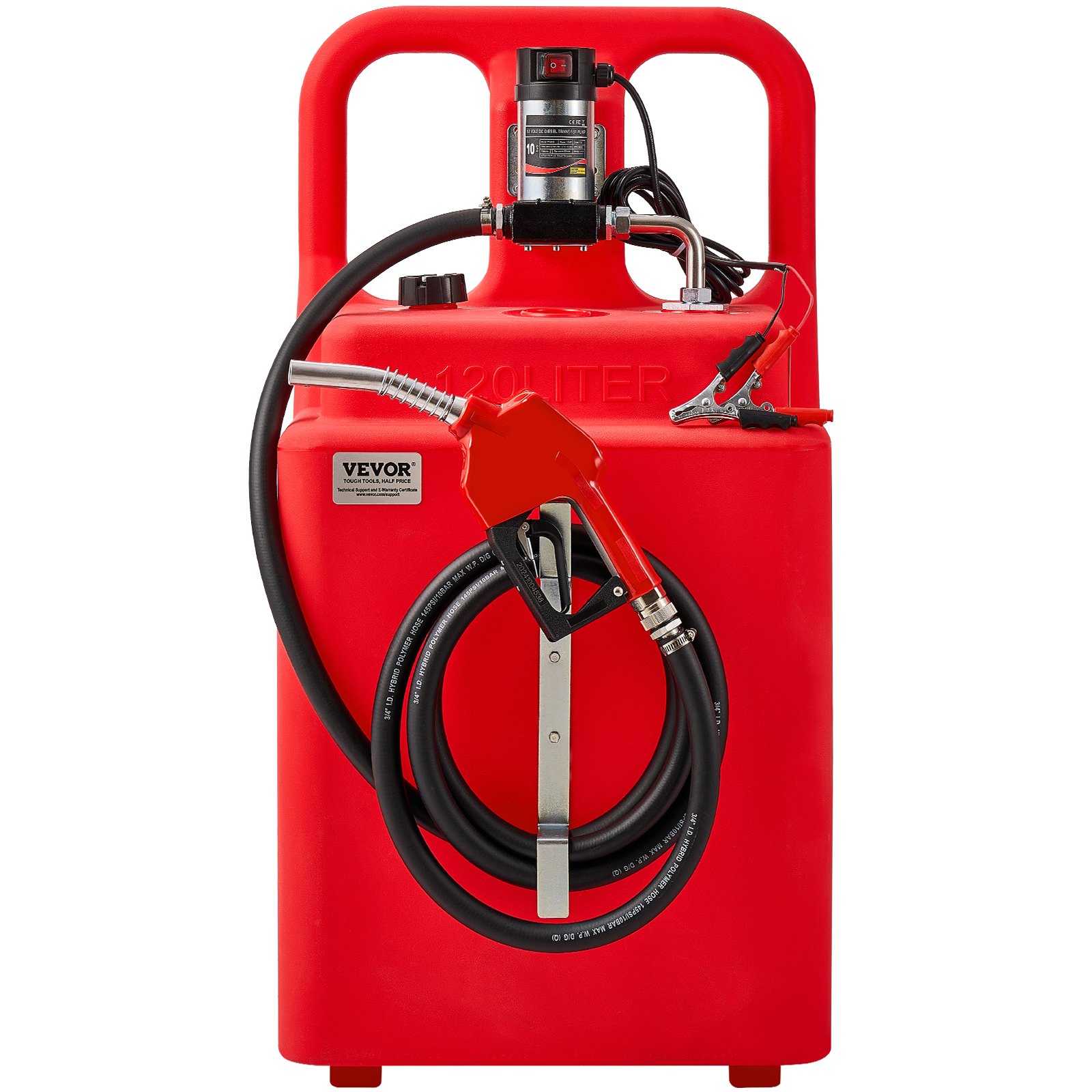 VEVOR Tanque de Combustible Portátil 121 L con Bomba de Transferencia de Combustible Eléctrica de 10 GPM, Manguera de 3,96 m, Boquilla Autosellante, Contenedor de Combustible para Diésel, Rojo