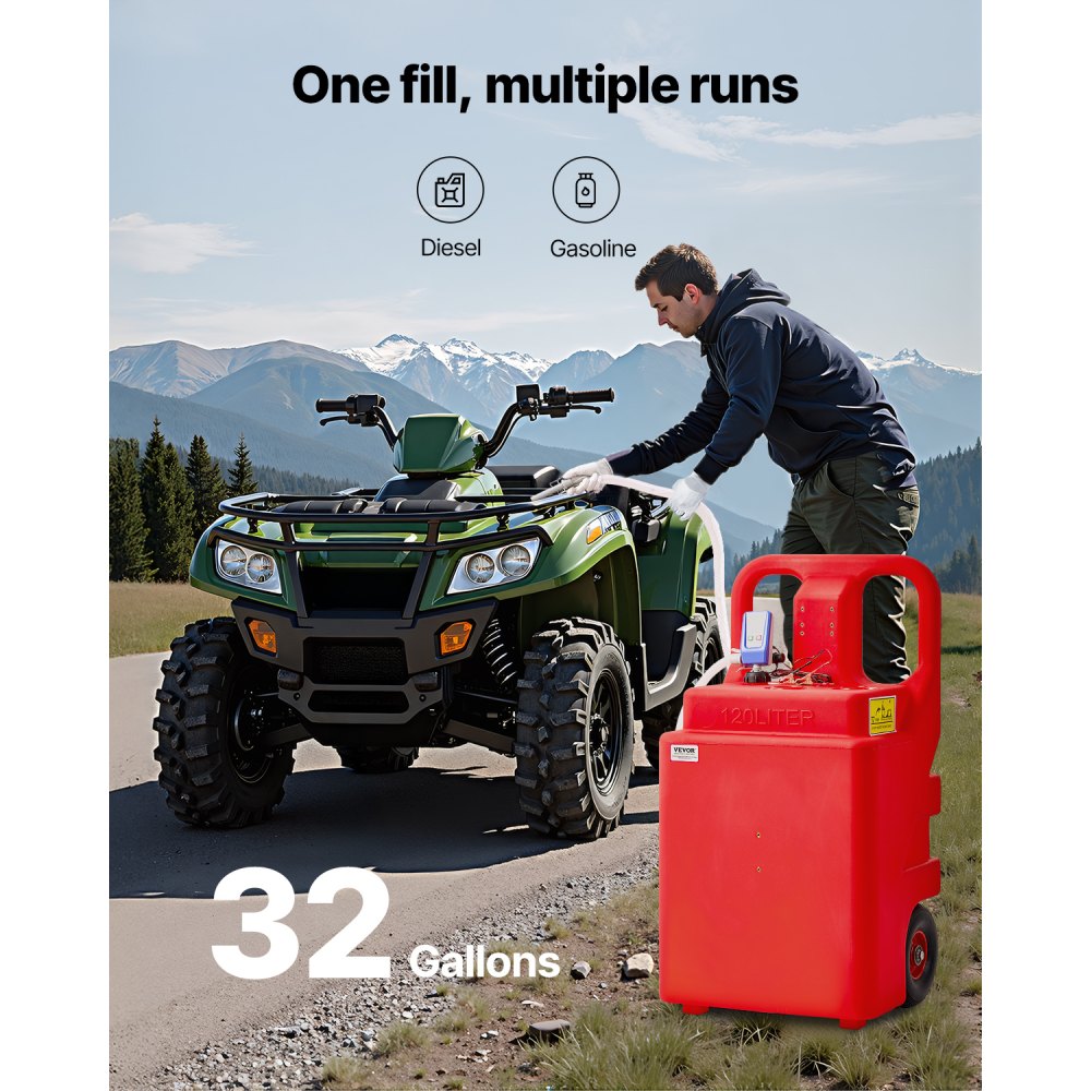 VEVOR Tanque de Combustible 540x465x1070 mm 121,13 L con Bomba de Transferencia de Combustible Eléctrica, Manguera de 1,2 m, Boquilla con Sensor de Parada Automática, para Gasolina y Diésel, Rojo